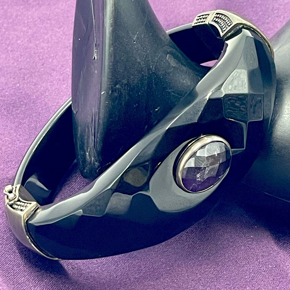 Black Faceted Solid Onyx Hinged Bangle Bracelet W… - image 2